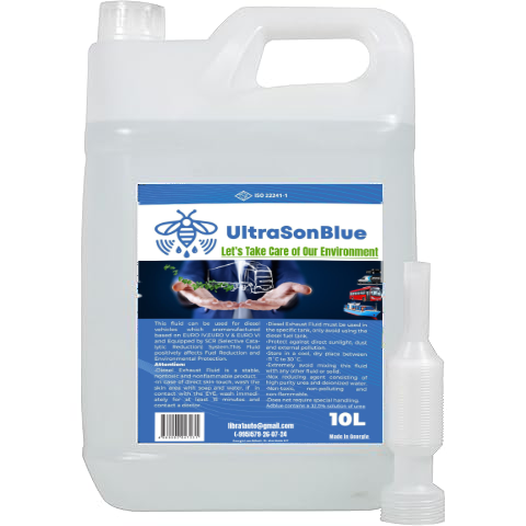 10-liter container of UltraSonBlue, a high-purity AdBlue solution, featuring a label with environmental care messaging and a dispensing nozzle.
